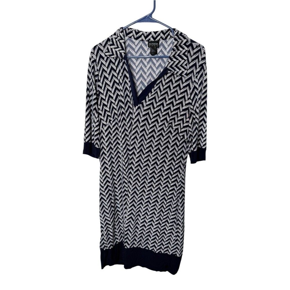 En Focus Studio Navy & White Herringbone V-Neck Dress Size 14